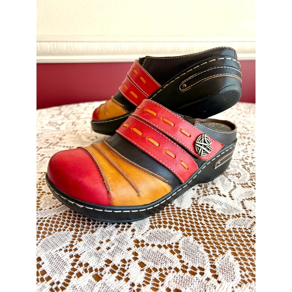 L'Artiste Spring Step Reggae Handpainted Leather Clogs Mules Red Gold Black 38